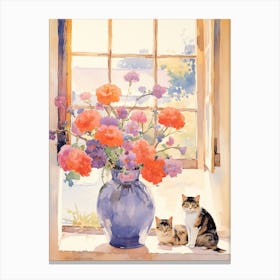 Cat With Anemone Flowers Watercolor Mothers Day Valentines 4 Canvas Print