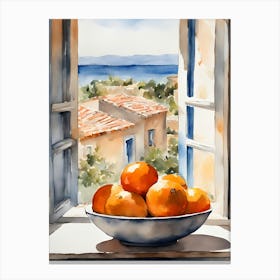 Oranges in a bowl in front of a window Canvas Print