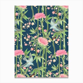 Bamboo Birds And Blossoms On Deep Teal Canvas Print