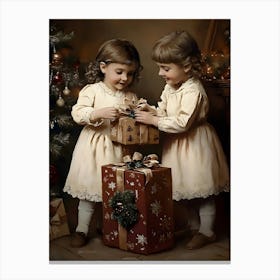 Two Little Girls With Christmas Presents 1 Canvas Print