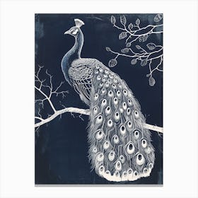 Navy & Cream Peacock On A Tree 1 Canvas Print