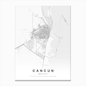 Cancun Mexico White Map Canvas Print