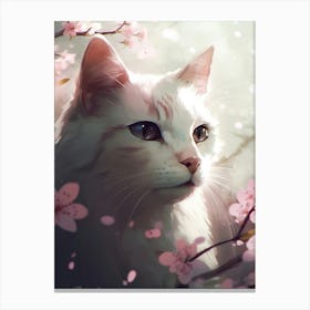 White Cat In Cherry Blossoms Canvas Print