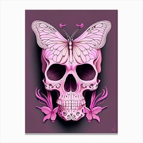 Skull With Butterfly Motifs Pink Line Drawing Canvas Print