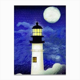Lighthouse Moon Sea Clouds Full Moon Guiding Light Ocean Architecture Canvas Print