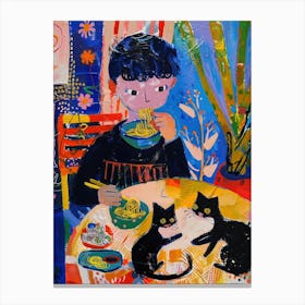 Portrait Of A Boy With Cats Having Ramen 4 Canvas Print