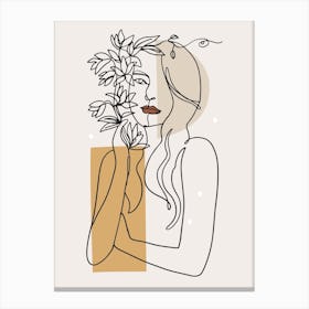 Woman With Flowers One Line Art Canvas Print