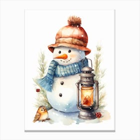 Snowman With Lantern, watercolor clipart Canvas Print