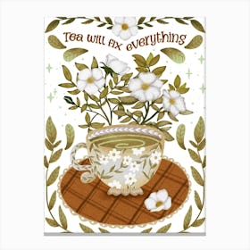 Tea time art illustration with flowers and leaves Canvas Print