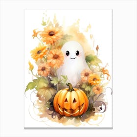 Cute Ghost With Pumpkins Halloween Watercolour 34 Canvas Print