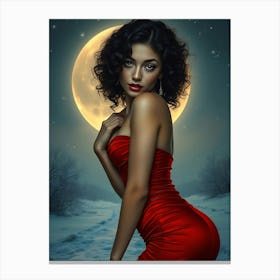 Beauty in Red Dress at Full Moon Canvas Print