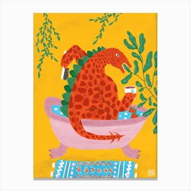Orange Dinosaur Drinking Tea In A Bathtub Canvas Print