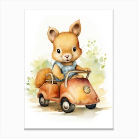 Baby Squirrel On A Toy Car, Watercolour Nursery 2 Canvas Print