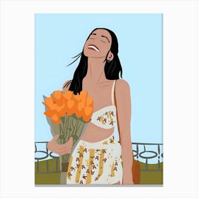 Happy Girl With Flowers Canvas Print