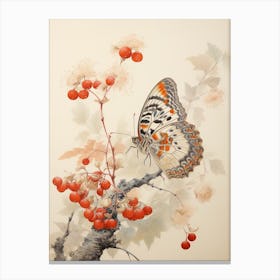 Butterfly With Cranberries Japanese Style Painting Canvas Print