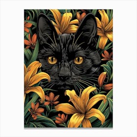 Black Cat With Yellow Lilies 1 Canvas Print