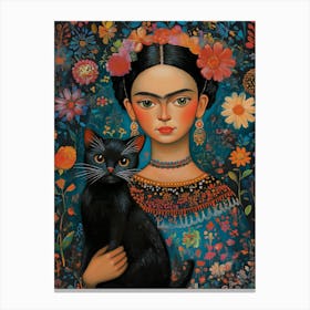 Two Black Cats, Mexican Painting Botanical Floral Canvas Print