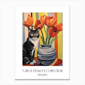 Cats & Flowers Collection Amaryllis Flower Vase And A Cat, A Painting In The Style Of Matisse 2 Canvas Print