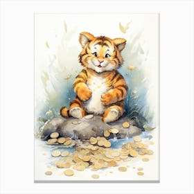 Tiger Illustration Collecting Coins Watercolour 3 Canvas Print