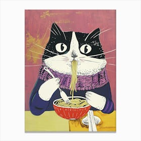 Black And White Cat Eating Pizza Folk Illustration 2 Canvas Print