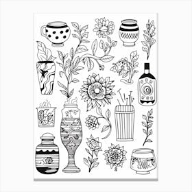 Flowers And Plants Black And White Line Art Canvas Print