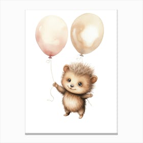 Baby Hedgehog Flying With Ballons, Watercolour Nursery Art 4 Canvas Print