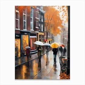 Amsterdam cafes, autumn season, rain, autumn oil colours.Faded colours,People passing on the street, winter clothes, rain umbrellas.2 1 Canvas Print