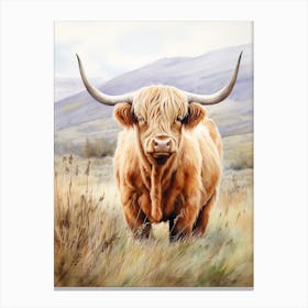Curious Highland Cow In Field With Rolling Hills Watercolour 1 Canvas Print