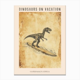 Vintage Compsognathus Dinosaur On A Surf Board 1 Poster Canvas Print