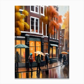 Amsterdam cafes, autumn, autumn oil colours, pastel colours, pedestrians in the street, winter clothes.4 Canvas Print