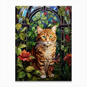 Mosaic Of A Cat In A Botonaical Garden Red Flowers Canvas Print