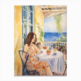 At A Cafe In Algarve Portugal Watercolour Canvas Print