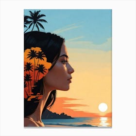 Sunset Girl With Palm Trees Canvas Print