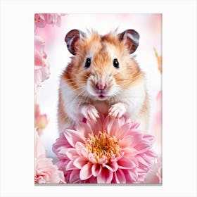 Hamster Clutching A Pink Dahlia Delicate Amber Eyes Magnified Tiny Paws Grasping Soft Petals Infus Canvas Print