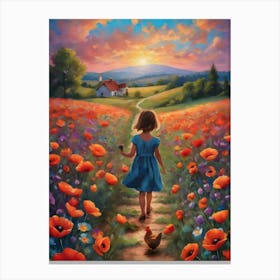 The Poppy Fields ~ Little Girl and Her Chicken Stroll Home at Sunset Canvas Print