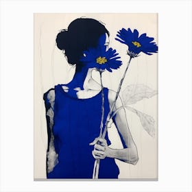 Woman Witha A Daisy Blue Botanical Illustration Canvas Print