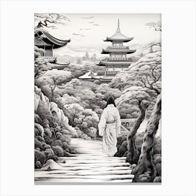 Tokyo In Japan, Ukiyo E Black And White Line Art Drawing 2 Canvas Print
