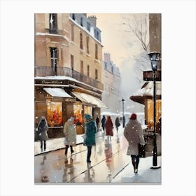 Paris cafes, winter season, Christmas, autumn oil colors, pale colors, pedestrians in the street, winter clothes, falling snow.Christmas decorations.15 Canvas Print