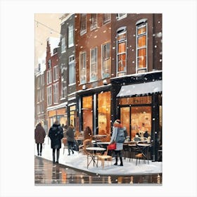 Amsterdam cafes, winter season, Christmas, autumn oil colors, pale colors, pedestrians in the street, winter clothes, falling snow.1 2 Canvas Print