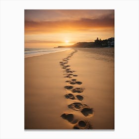 Footprints On The Beach At Sunset Canvas Print
