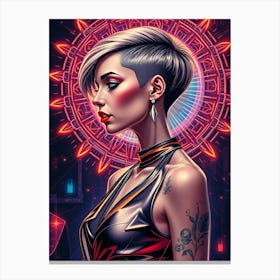 Modern Short Hair Girl - Neon Canvas Print