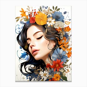 Floral Elegance A Womans Portrait Blooms Canvas Print