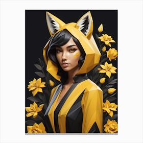 Low Poly Floral Fox Girl, Black And Yellow (4) Canvas Print