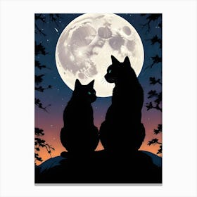 Silhouette Of Two Cats Under A Full Moon Canvas Print