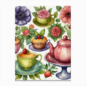 Watercolor Tea Set Canvas Print