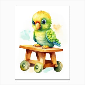 Baby Parrot On A Toy Car, Watercolour Nursery 0 Canvas Print