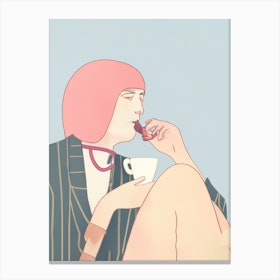 Woman Sitting Drinking Coffee Pink Hair Canvas Print