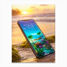 Smartphone Resting On Sandy Shores Morphing Into A Colorful Tropical Aquatic Creature Underwater Canvas Print