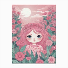 Pink Girl In Flowers Canvas Print