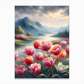 Tulips By The Lake 1 Canvas Print